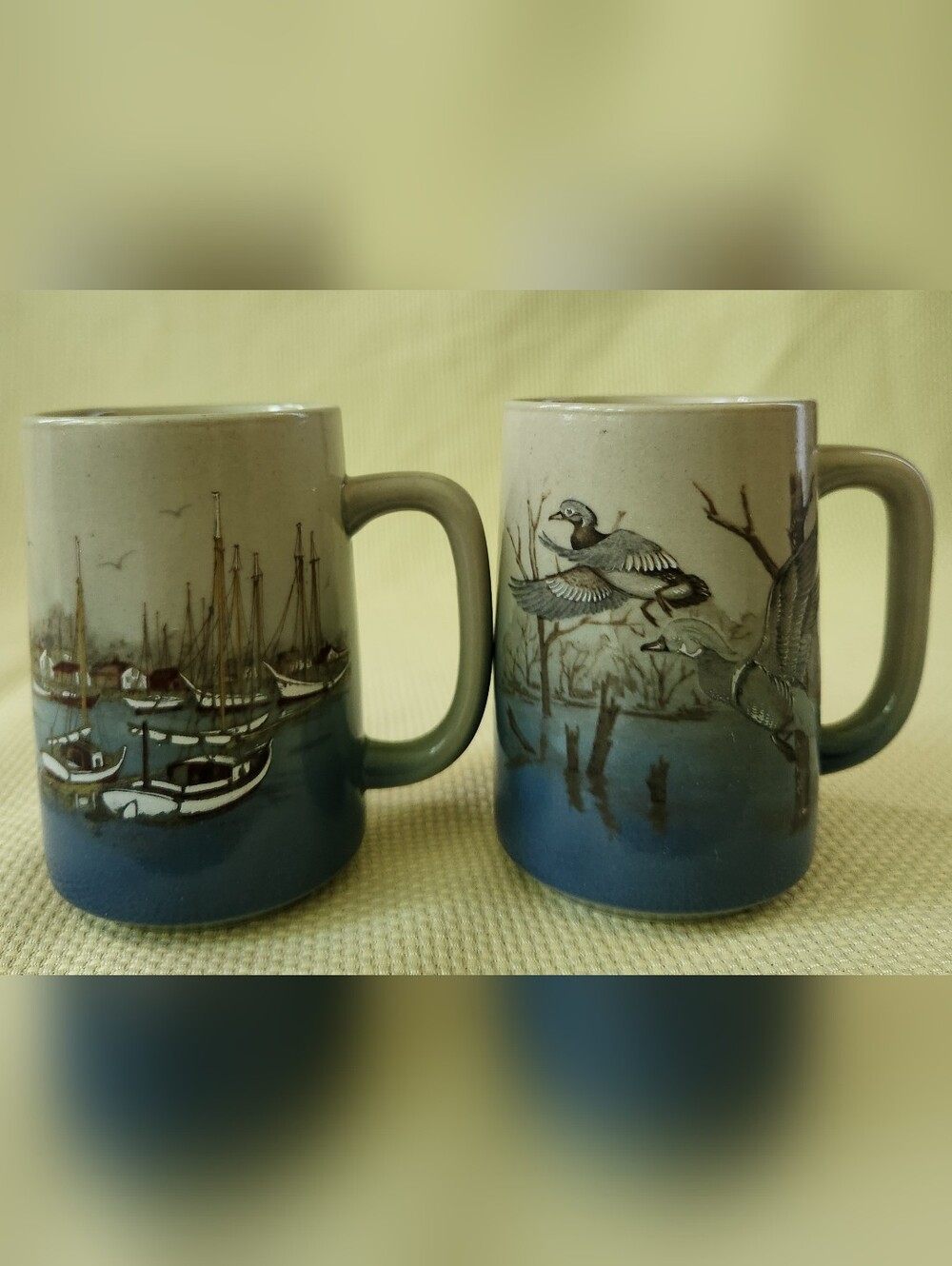Vtg Otagiri Blue Ombre Scenic Stoneware 2 Mug Set Sailboats & Ducks Nautical